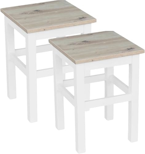 Metdrew Holz-Hocker | Tabouret 32 x 32 x 45 cm | Küchenhocker | Quadratische Form | Rustikaler Stil | Kiefernholz | Weiß | Sitzfarbe: Artisan-Eiche | 2 Stück