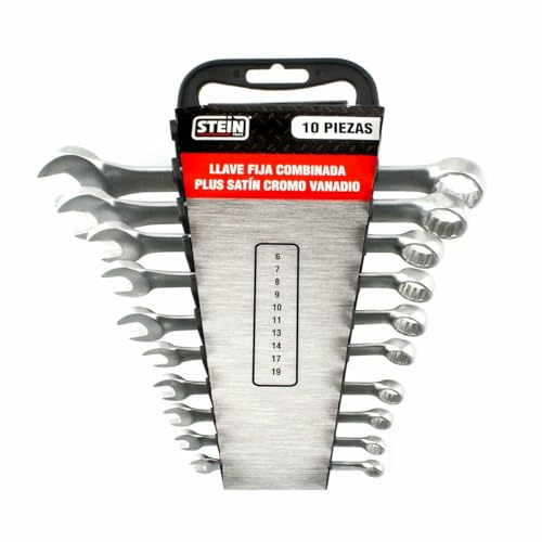 Llave fija combinada - juego de 10 piezas, fabricadas en acero al carbono, acabados en satinado, medidas en milímetros, ideal para herramientas de uso profesional. #