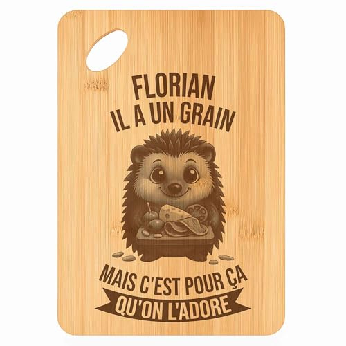 Planche à découper Florian Hérisson Grain - Plateau Apéro en Bambou Cadeau Gravé pour Homme Cuisine Barbecue