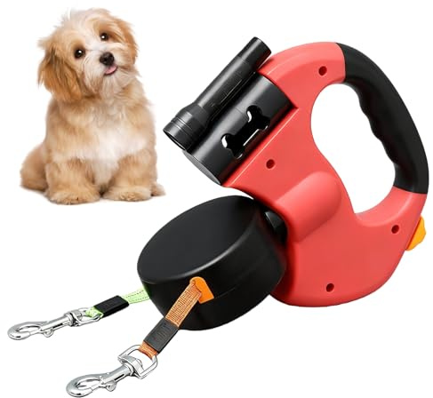 BAIFULAI Indragbart hundkoppel för 2 hundar, 3 m dubbelt koppel för 2 hundar med ljus, halkfritt handtag, utdragbart rullkoppel för små och medelstora hundar (röd)