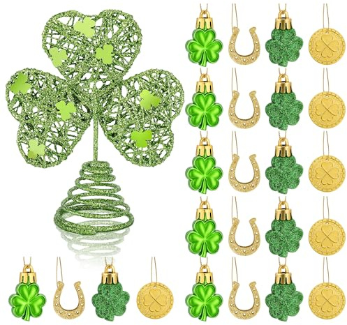 25 Pcs St. Patrick's Day Mini Tree Topper Ornaments Set, Miniature Irish Shamrock Tree Topper Hanging Clover Gold Coins, Irish Green Metal Glitter Tree Decorations for Party Supplies