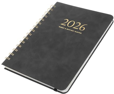 EXHUMKY Planificador Anual 2026 con Cubierta de PU Negra Agenda Diaria y Semanal con Encuadernación Espiral 360° Organizador de Tareas y Calendario Académico Personal
