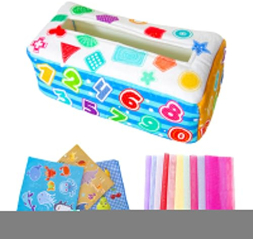 Giocattolo di scatola per fazzoletti per, giocattolo per e bambini, scatola di sciarpa morbida colorata, giocattoli educativi, giocattoli stropicciati per 3 6 9 12 per bambini