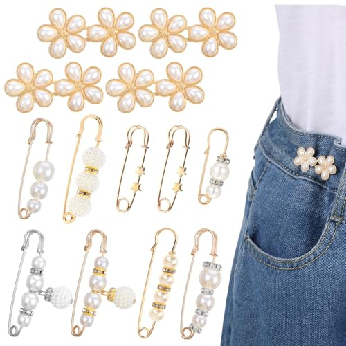 Shimmeroo 13PCS Waist Tightener Clips - Adjustable No-Sew Pant Waist Tightener Reusable Pearl Flower Cincher Buttons Pins Detachable Trouser Reducer for Loose Jeans Pants Clothing Skirts