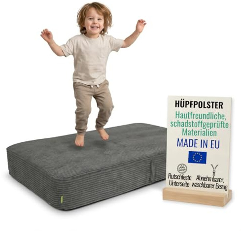 Pillows24 Hüpfpolster für Kinder Indoor 70x110x17 cm, mit abnehmbarem Bezug | Hüpfkissen mit Federn & Schaumstoff, Kindertrampolin für Zuhause, Hüpfmatte mit Cordbezug, Trampolin indoor kinder Dunkelgrau