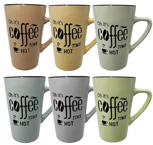 Set de 6 Tazas XXL 500 ml de Cerámica PREMIUM – Oh it’s Coffee TIME HOT – Mugs Grandes XL para Café – 6 Colores Diferentes – Aptas Microondas, Lavavajillas y Congelador – 13,5 cm