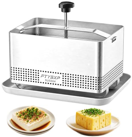 FTYSXP Pressa per tofu in acciaio inox 304, regolabile, con vaschetta raccogligocce e panno per formaggio, senza BPA, lavabile in lavastoviglie, per tofu, paneer, formaggio e verdure, 16 x 13 x 13 cm