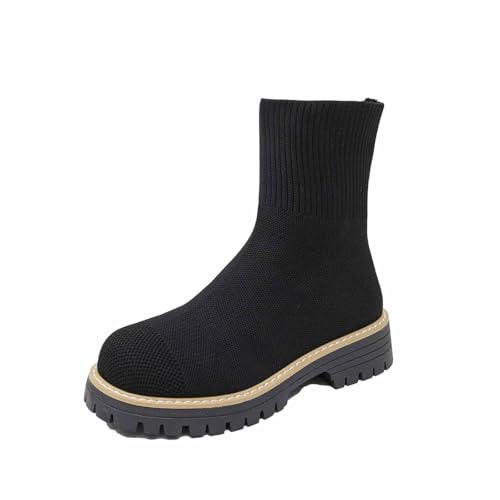 Generisch Botines de punto con plataforma de tacón de bloque cómodos y redondos para el día a día, elegantes botines sin cordones para mujer, Negro , 38 EU