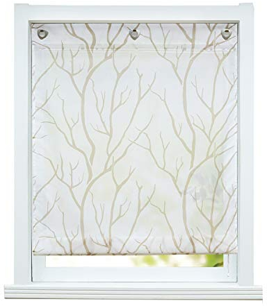 ESLIR Raffrollo ohne Bohren Raffgardine Transparent mit Ösen Gardinen mit U-Haken Ösenrollo Modern Vorhänge Weiß-Braun BxH 100x140cm 1 Stück
