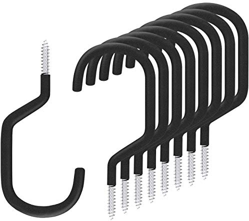 SMARTOLOGY 8 Pack Bike Hanger Storage Hook Rack, Rubber Coated Heavy Duty Large Screw in Ceiling Hooks for Garage Wall and Ceiling Bicycle Storage, Utility Tool Hanger (Black)