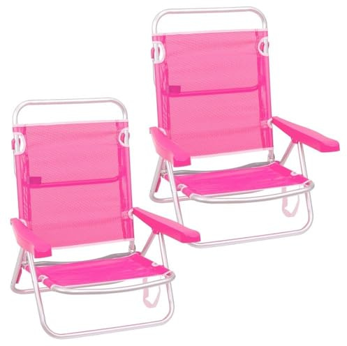 LOLAhome Pack 2 Sillas Playa Plegables | Ligera Portátil | Baja y Reclinable de 4 Posiciones | para Camping, Piscina, Terraza o Jardín Rosa