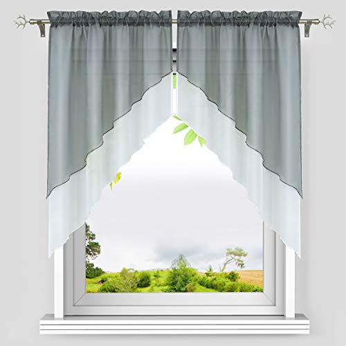 HeichkelL Scheibengardinen Bogen, Grau BxH 120x145 cm (Jedes Stück) | Voile Gardinen Set 2-Teilige, Kleinfenster Vorhang, Tunnelzug Kurzstores, Doppelschichtige Küchengardinen
