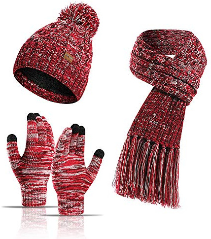 3-teiliges Winter-Mütze, Schal, Handschuhe, Set für Damen und Herren, Strickfleece, Touchscreen-Handschuhe, Beanie-Mütze, Skimütze, rot, Einheitsgröße