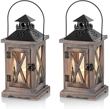 Sziqiqi Lanterna Portacandele Lanterne a Candela Decorative in Metallo in Legno Invecchiato Vintage per Centrotavola per Natrimonio Rustico Lanterna Pensile Fattoria da Interno e Esterno Decor 28cm