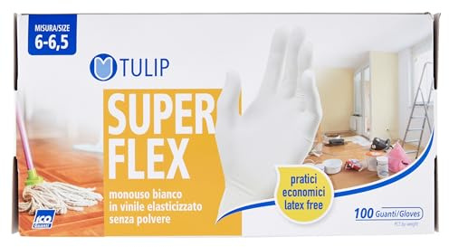 TULIP Superflex Handschuhe aus elastischem Vinyl, weiß, puderfrei, 100 Stück, Größe 6-6,5