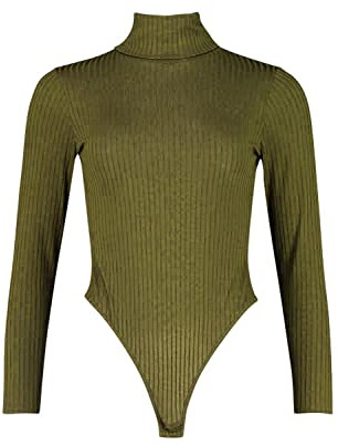 Women Long Sleeve Bodysuit Rib Leotard High Roll Turtle Polo Neck Top Blouse (Khaki, 20-22)