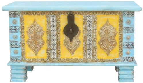 Oriental Galerie Shabby Chic Holztruhe mit Messingbeschlag Schatztruhe Truhe Kiste Box Holz Indien Massiv Antik-Optik Türkis Gelb 80cm