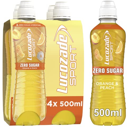 Lucozade Sport Zero Sugar - Orange & Peach 4x500ml | Sugar Free Sports Drink, with Vitamin B3 and electrolyte | Zero Sugar | Only 4 calories per serving | Still | Made with Natural Flavours