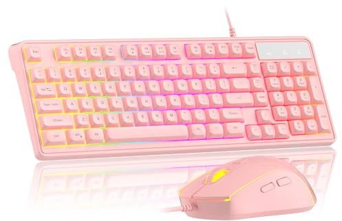 Pink Creamy Keyboard and Mouse Combo,MageGee GK980 Wired RGB Backlit Keyboard and Pink Gaming Mouse Combo,PC Keyboard and Adjustable Sensitivity Mouse for PC/loptop/MAC