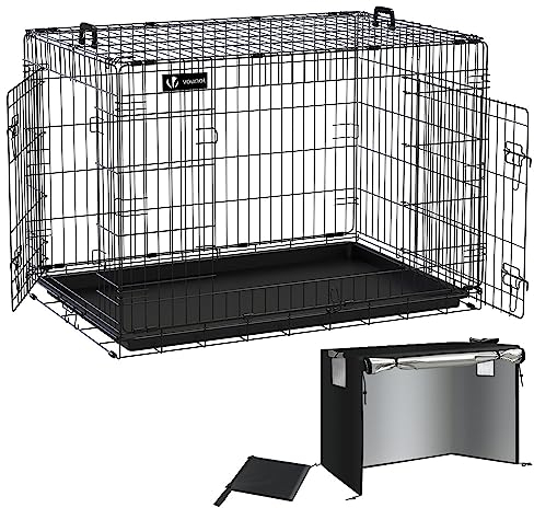 VOUNOT Hundekäfig Klappbar mit Abdeckung, Hundebox Auto Hundetransportkäfig mit Doppeltüren, 2 Transportgriffen & Bodenschale, XL 107x70 x78 cm, Schwarz