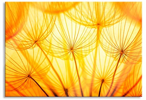 Pixxprint Glasbild, Wandbild aus Echtglas, Pusteblumen oranges Licht, 100x70 cm, inkl. Aufhängung und Abstandshalter