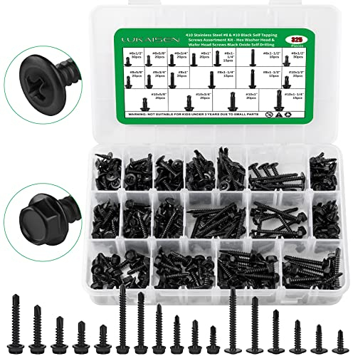 325PCS Self Tapping Screws Assortment Kit, Black Oxide 410 Stainless Steel Sheet Metal Screws for Metal Plastic, Truss & Hex Washer Head #8#10-1/2,5/8,3/4,1,1-1/4,1-1/2
