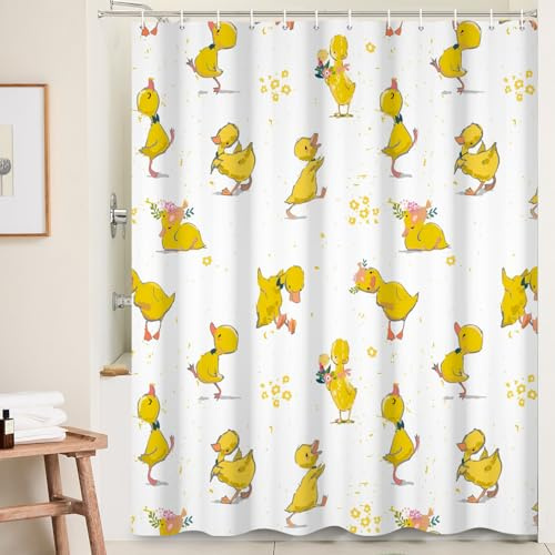 Ttincceer Anatra Giallo Tenda da doccia con gancio, Cartoon Carino Animale da Domestico Animale Domestico Tende da Bagno Divertente Fiore Giallo Tenda da Bagno 152x183cm