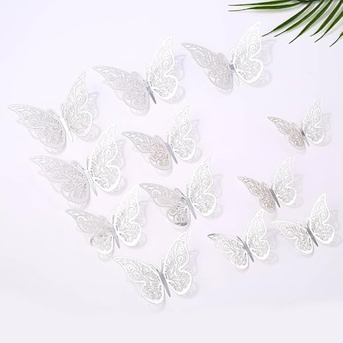 3D Butterfly Wall Decor 48 Pcs 3 Sizes,Silver Butterfly Decorations for Birthday Decorations Party Decorations Cake Decorations, Removable Wall Stickers Room Decor Wedding Decor Decal