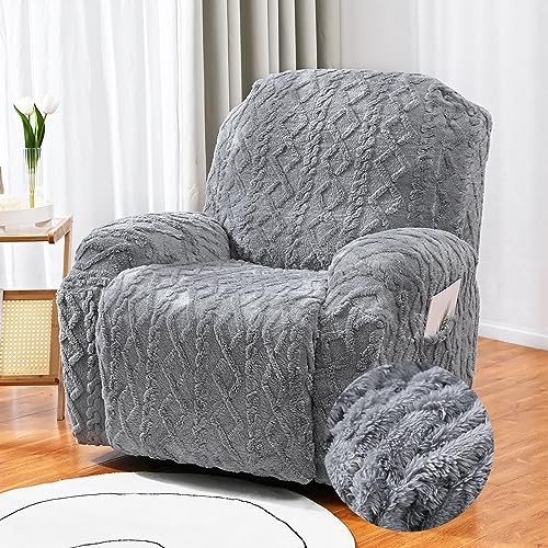 GEBIN Stretchhusse für Relaxsessel Komplett Sesselbezug, Jacquard Plüsch 4/6/8-Teilig Sesselschoner für Recliner Stuhl Sessel, Sofabezug, Bezug für Fernsehsessel Liege (Grau,1 Sitzer | 3 STK)