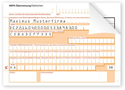 Litfax SEPA-Überweisung Zahlschein mit personalisiertem Überweisungsvordruck, 300 Stück - DIN A6, 2-fach mit Durchschlag, Leicht zu trennen, selbstdurchschreibend - Bankneutral in Deutschland