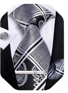 DiBanGu Schwarz Paisley Krawatte für Herren Seide Schwarz und Weiß Krawatte und Einstecktuch Krawattenklammer mit Manschettenknöpfen für Hochzeit