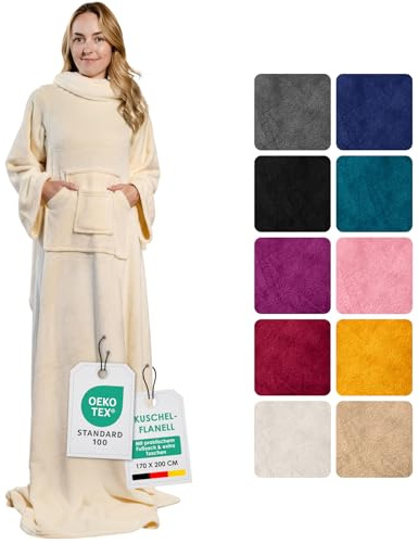 heimtexland ® Ärmeldecke TV Kuscheldecke mit Ärmeln Taschen Fußsack Super Soft Flanell tragbare Decke Ganzkörperdecke Typ870 Creme 200x170 cm
