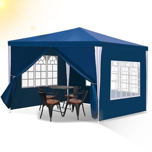 Izrielar Pavillon 3x3m Blau Wasserdicht mit 4 Seitenteilen und Fenstern Gartenzelt Partyzelt, UV-Schutz Gartenpavillon für Freien, Garten, Party, Hochzeit, Marktstand