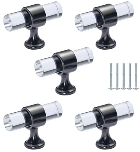 5 Pieces Crystal Cabinet Handles Knobs - Clear Cylinder Drawer Cupboard Pulls with Screws, Pull Handle for Dresser Cabinet Wardrobe (50mm Black)