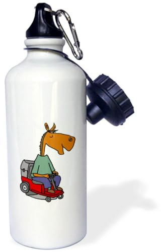 3dRose Cute Funny Horse Driving Riding Lawn mower Mowing Lawn Satire 21 oz Sports Water Bottle
