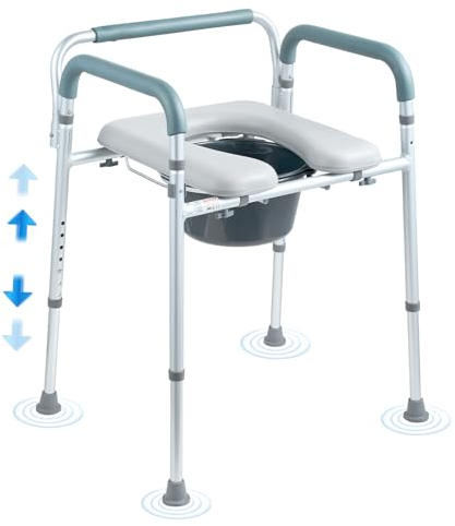 VEVOR Silla con orinal, cómoda con asiento acolchado y reposabrazos, altura ajustable en 7 niveles, cubo extraíble de 5,8 L, fácil de montar, capacidad de 158 kg, para adultos y personas mayores