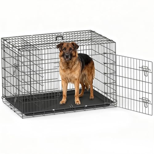 BestOffice Hundekäfig zusammenklappbar | 122x74x79cm | XXL | Schwarz | Hundetransportbox,Doppeltür,ausziehbar Kunststofftablett und Griff，Transportbox- Haustiere, Innen und Außenbereich