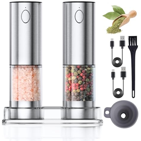 Variglas Juego de 2 molinillos de sal y pimienta eléctricos con USB recargable, gran capacidad mejorada, molinillo de especias eléctrico, grosor ajustable, luz LED (01S)