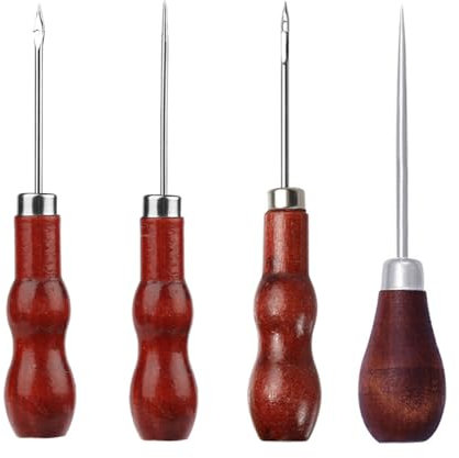 Reccisokz 4 Pezzi Punteruolo Con Manico In Legno,punteruolo per bambini,Perforatore,Cucito a Mano Punteruolo Artigianale,Punteruolo Per Cucire Cucito Punteruolo Set