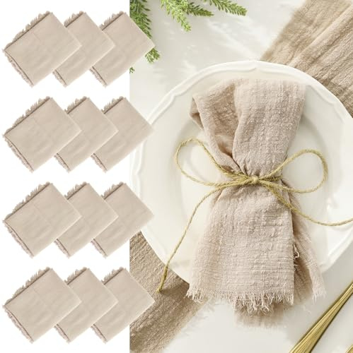 LALAGO 12 stycken linneservetter, 45 x 45 cm tygservetter, servetter, tyg, tvättbara bordsservetter med tofsar för bordsdekoration för sakramentalt dop (beige)