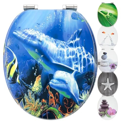 WC Sitz mit Absenkautomatik | Holzkern | stabile Softclose Scharniere | einfache Montage | glatte Oberfläche | tolle Motive zur Auswahl | Holz WC-Deckel universell passend (Delfin)