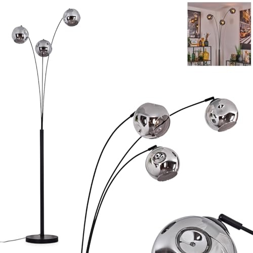 Stehleuchte Ripoll, Stehlampe aus Metall/Glas in Schwarz/Rauchfarben, Leuchte im modernen Retro/Vintage-Design mit Schirmen aus Glas (Ø 15 cm) u. Fußschalter, Höhe 210 cm, 3 x E14, ohne Leuchtmittel