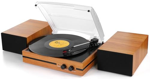 Retro Vinyl Record Player with 2 Dual Stereo Speakers, Vintage Turntable Bluetooth Supports 3 Speed, Desktop Phonograph Belt-Drive Turntable, LP Players AUX Headphone Input RCA out, Wood Orange