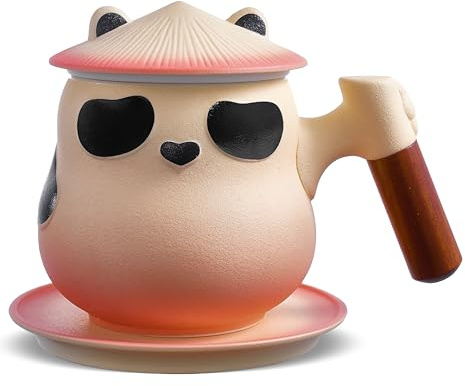 tea Cute Panda Mug with Infuser and Lid, 330 ML Ceramic Diffuser for Loose Leaf Tea, Wood Handle Collector’s Gift for Daughter