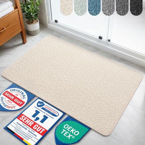 Bodenständig® Badematte rutschfest waschbar - Badvorleger Beige | Kurzfasern 2.0 - schnelltrocknend & pflegeleicht - Duschvorleger 60x110cm - dermatologisch getestet & hautfreundlich