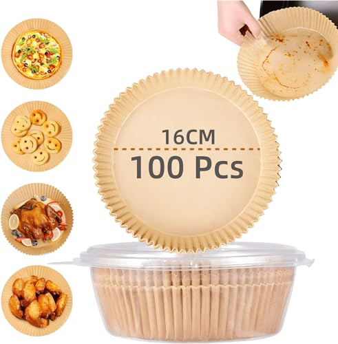 SUBEEN Papier cuisson air fryer, 100 morceaux de papier sulfurisé pour friteuse à air de 16 cm, Air Fryer Papier Cuisson pour 3-5L Friteuse à Air (16x4.5cm rond)