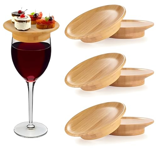 HPiano Topper per Bicchiere di Vino in Legno - Piatto per Antipasti con Attacco per Salumi e Dessert, Bevande per Feste