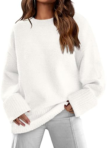 Jhsnjnr Women's Chunky Long Sleeve Tops Thick Crew Neck Sweaters Baggy Knit Pullover Oversized Long Jumpers White