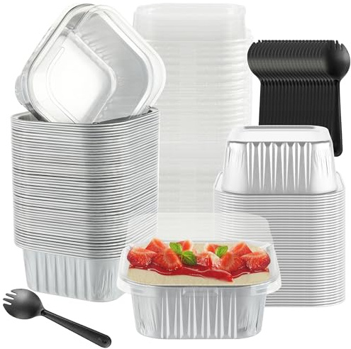 BAKINGPAK Lot de 50 moules à gâteau individuels carrés avec couvercles, en aluminium avec couvercles, 140 ml, pour anniversaire, argenté