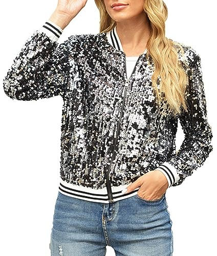 Darringls Baseball Jacke Damen Rave Party Outwear Blazermantel Bomberjacke Bikerjacke Übergangsjacke Reißverschluss Langarm Jacken Blazer Sakko Pailletten Blazer Jacke Elegant Kurz Sakko